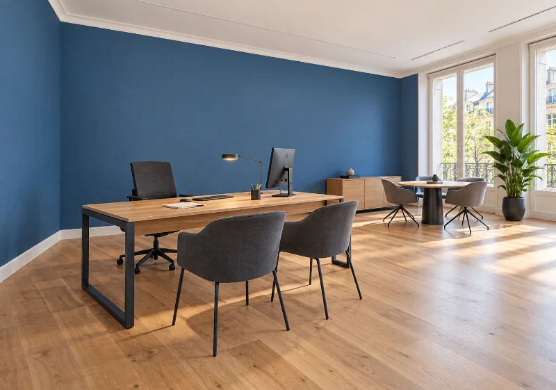 Bureau aménagé avec un mur peint en bleu et des menuiseries blanches
